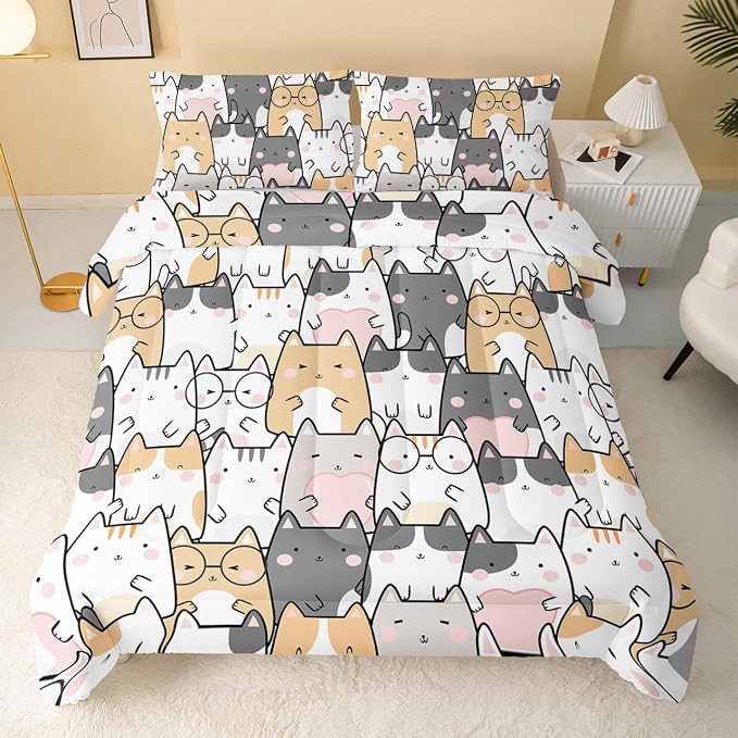 QOOMO Kawaii Cat Comforter Full Size, Cats Bedding Set - Image 2