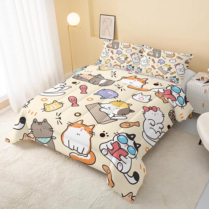QOOMO Kawaii Cat Comforter Twin, Kawaii Animals Comforter Set - Image 3