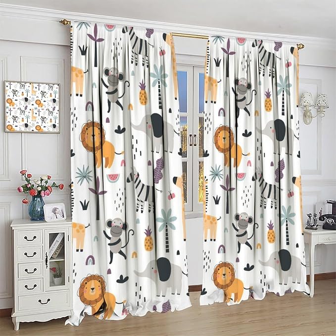 Cute Cartoon Animals Curtains Tropical Jungle Animals Elephant Giraffe Monkey - Image 8