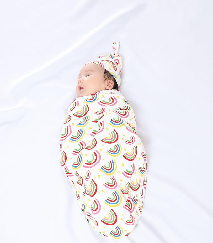Newborn Swaddle Blanket with Hat Set, Unisex Baby Receiving Blanket Nursery Wrap by DreamHalo