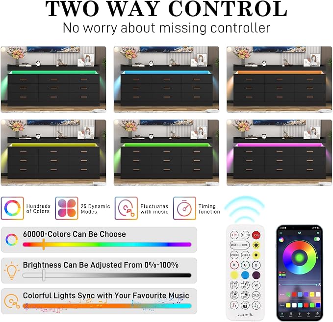 9 Drawer Dresser with LED Light and Charging Station, Wide Drawer Organizer - Image 5