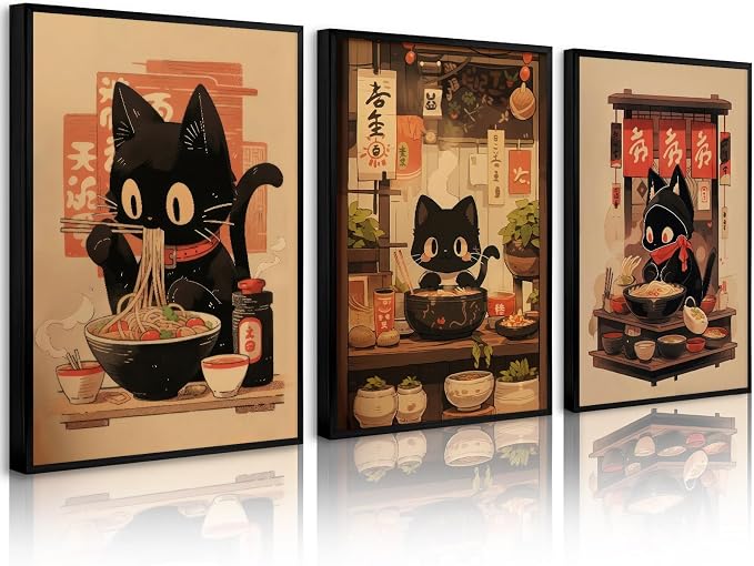 Pouydmi Japanese Cat Wall Art Black Cat Poster Eating Ramen Canvas Wall Decor by Unknown