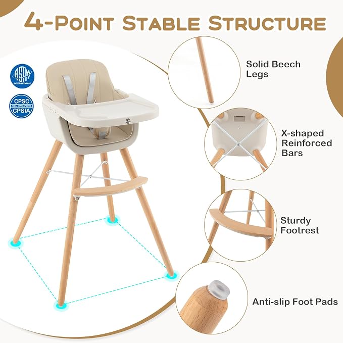 BABY JOY Convertible Baby High Chair, 3 in 1 Wooden Highchair/Booster/Chair - Image 5