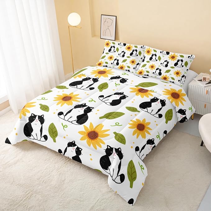 QOOMO Kawaii Cat Comforter Full Size, Sunflower Cat Comforter Set - Image 3