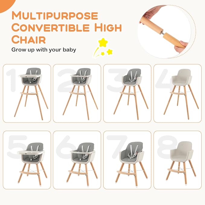 BABY JOY Convertible Baby High Chair, 3 in 1 Wooden Highchair/Booster/Chair - Image 2