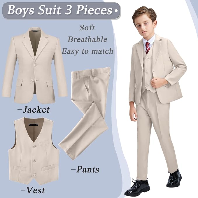 Boys' 3 Piece Suit Set with Suit Jacket, Formal Tuxedos Slim Fit Ring Bearer - Image 2