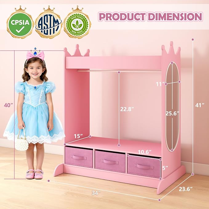 Kids Dress Up Storage with Mirror and Drawers, Kid Armoire Dresser, Pretend - Image 2