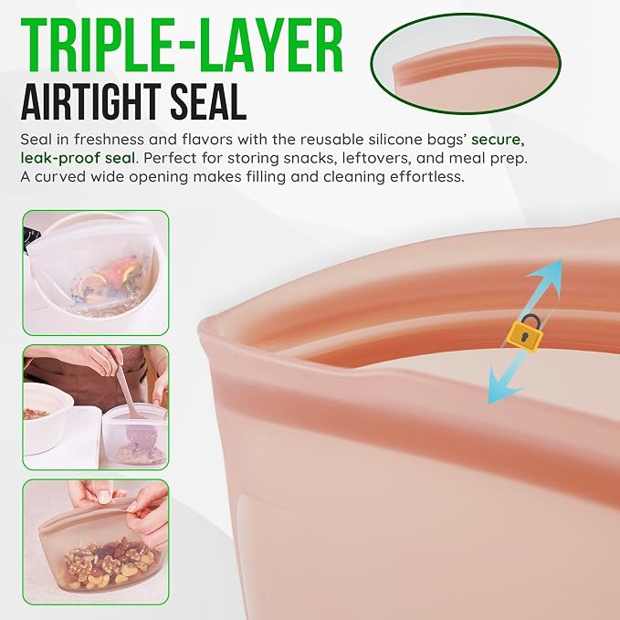 Premium Platinum Silicone Reusable Food Storage Bags 3-Pack, Airtight Zip Lock - Image 6
