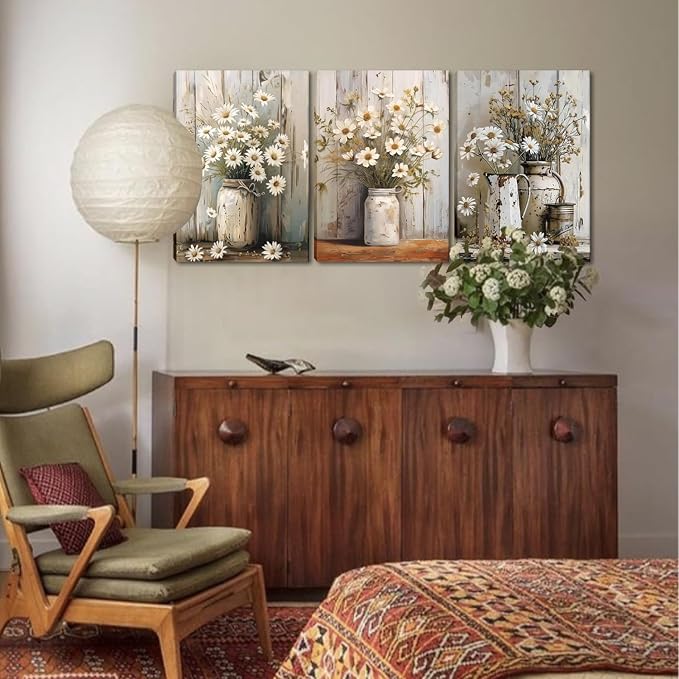 Daisy Bathroom Canvas Wall Art Set of 3, Vintage Rustic Farmhouse Wall Decor - Image 3