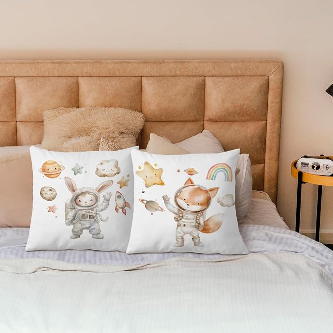 SPBL&L Fox Bunny Astronaut Nursery Pillow Covers 18x18 Set of 2, Space Nursery - Image 2
