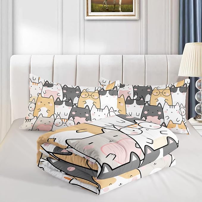 QOOMO Kawaii Cat Comforter Full Size, Cats Bedding Set - Image 4