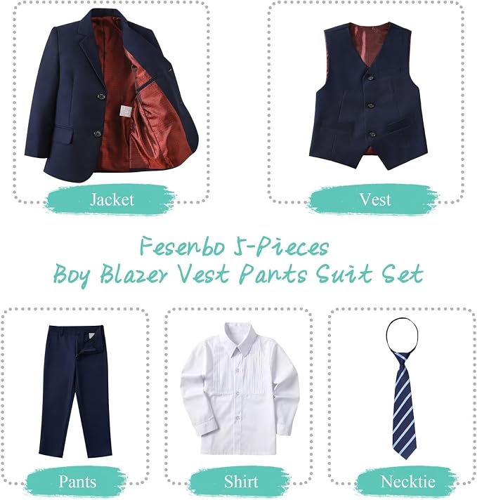 Boy's Suit Formal Slim Fit 5 Pieces Suit Set Blazer Vest Pants - Image 2
