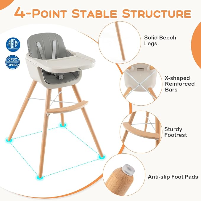 BABY JOY Convertible Baby High Chair, 3 in 1 Wooden Highchair/Booster/Chair - Image 5