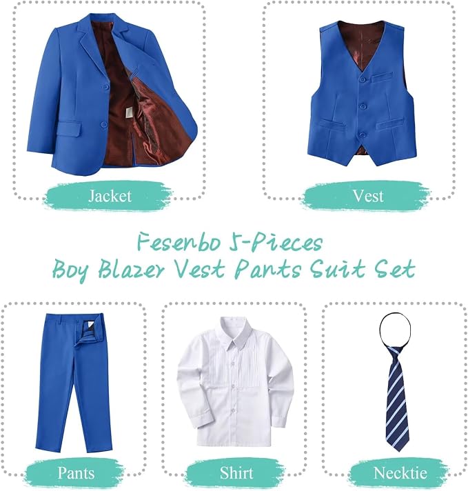 Boy's Suit Formal Slim Fit 5 Pieces Suit Set Blazer Vest Pants - Image 2