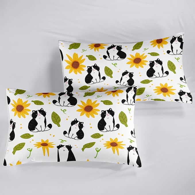 QOOMO Kawaii Cat Comforter Twin Size, Sunflower Cat Comforter Set - Image 6