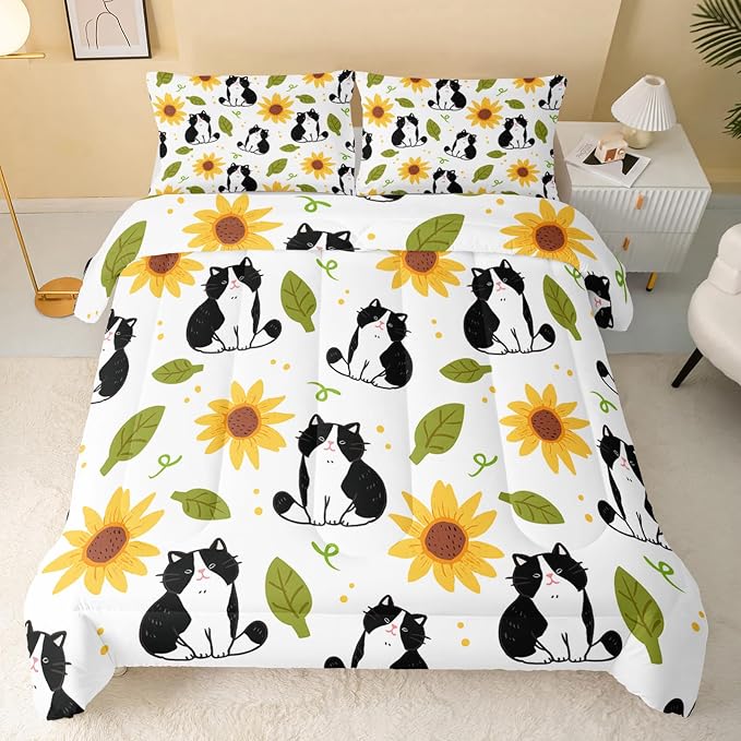 QOOMO Kawaii Cat Comforter Full Size, Sunflower Cat Comforter Set - Image 2