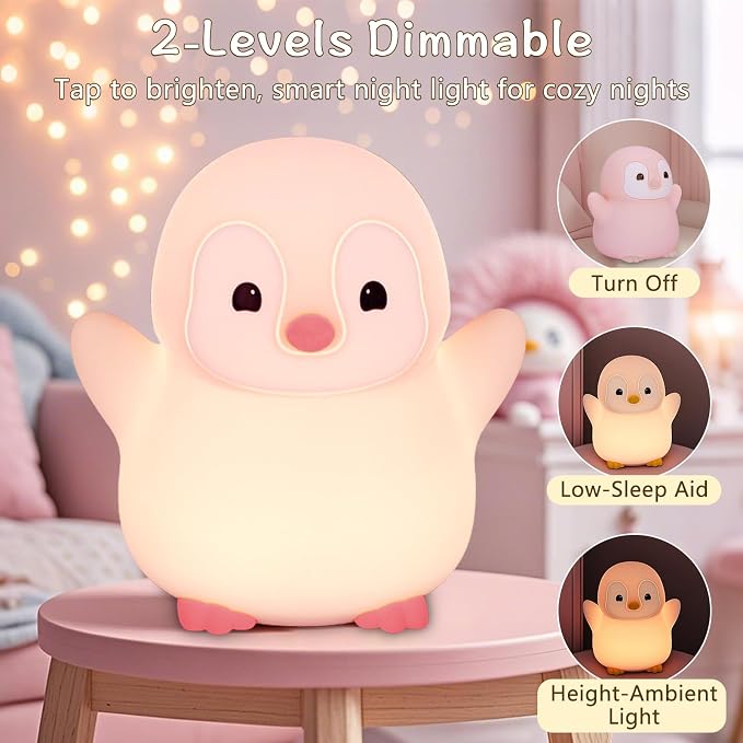 Pink Penguin Night Light, Food Grade Soft Silicone Nursery Nightlight - Image 2