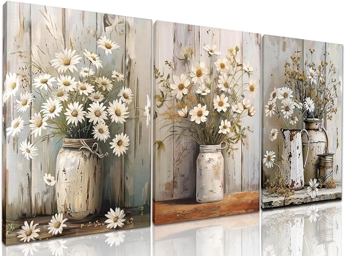 Daisy Bathroom Canvas Wall Art Set of 3, Vintage Rustic Farmhouse Wall Decor by Unknown