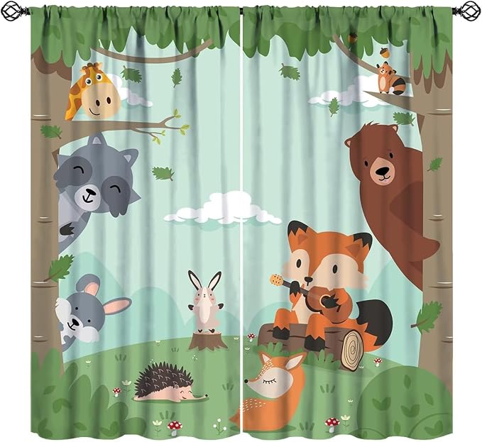 Forest Animals Curtains Colorful Forest Cartoon Cute Fox Bear Giraffe by JADERYS