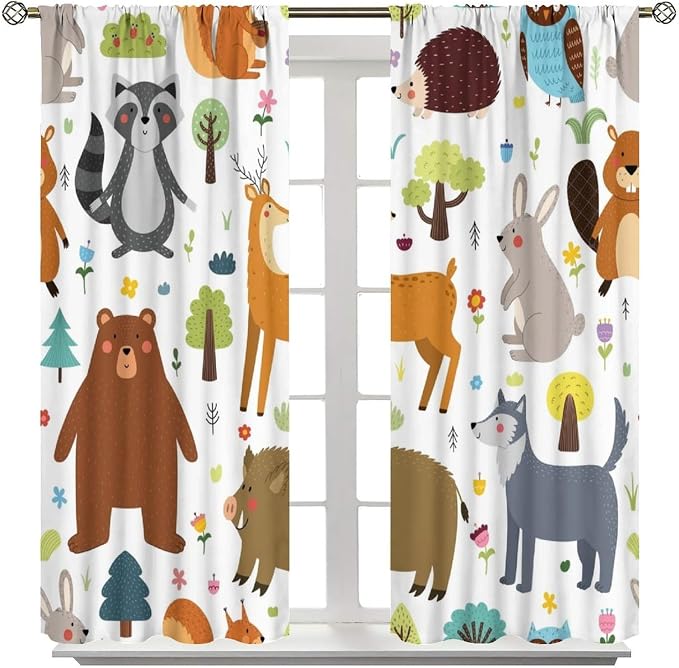 Forest Animals Kids Blackout Curtains Cartoon Cute Bear Deer Squirrel Owl - Image 3