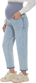 POSHGLAM Women's Maternity Jeans Over Belly Comfy Stretch 28'' Boyfriend Jeans by POSHGLAM
