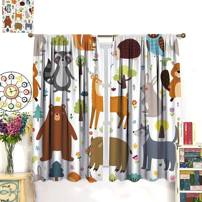 Forest Animals Kids Blackout Curtains Cartoon Cute Bear Deer Squirrel Owl - Image 4