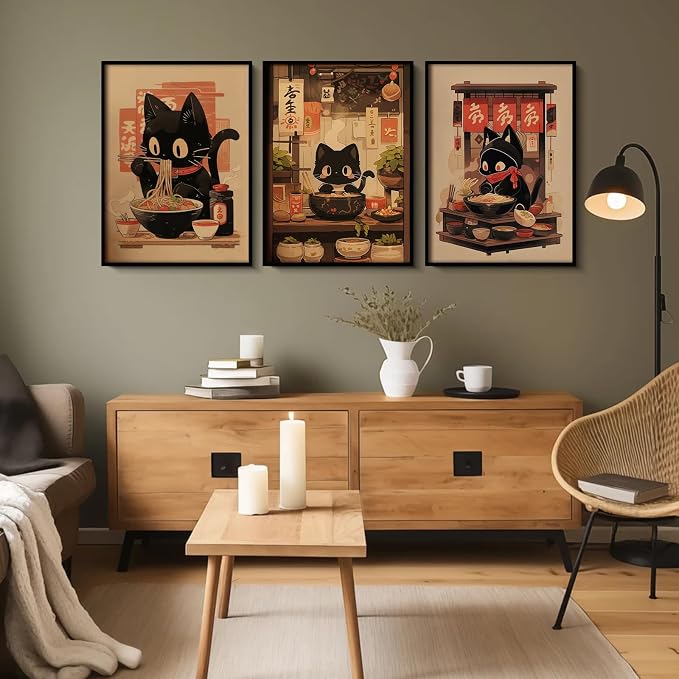 Pouydmi Japanese Cat Wall Art Black Cat Poster Eating Ramen Canvas Wall Decor - Image 3