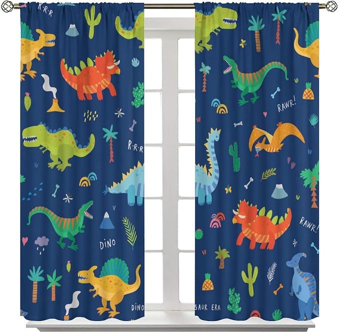 Funny Dinosaur Blackout Curtains Colorful Cartoon Animals Dino Tropical Plant - Image 3
