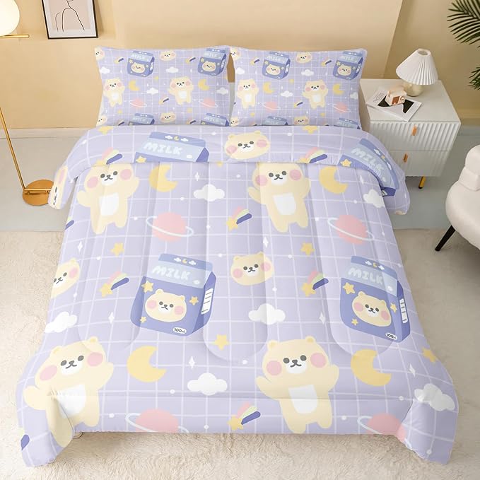QOOMO Kawaii Bear Comforter Queen Size, Cartoon Bear Bedding Set - Image 2