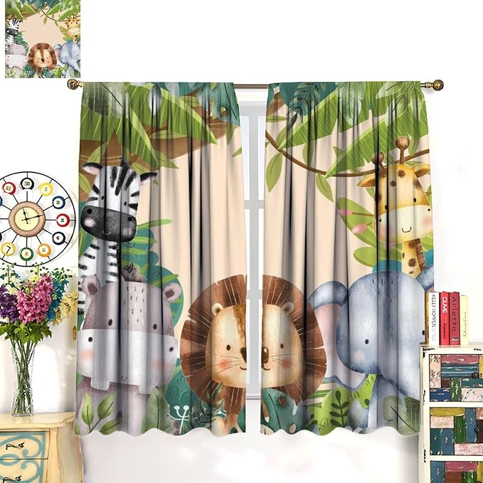Jungle Animals Curtains Colorful Forest Cartoon Wildlife Lion Giraffe Elephant - Image 3