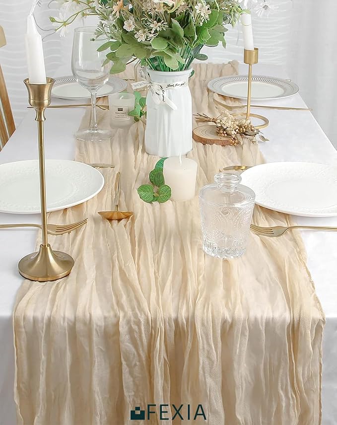 FEXIA Beige Cheesecloth Table Runner 35x120 Inches Ivory Gauze Rustic Boho - Image 5