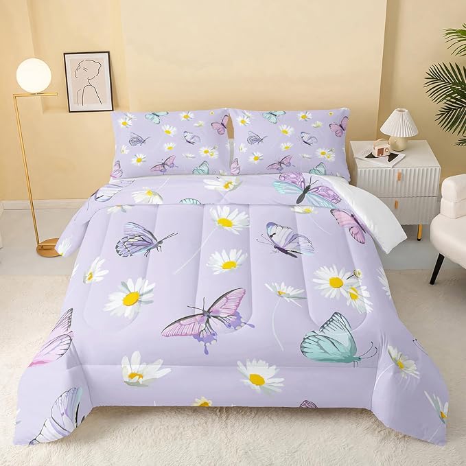 QOOMO Butterfly Comforter Set for Kids Teens Girls Women, Daisy Kids Bedding by QOOMOHOME