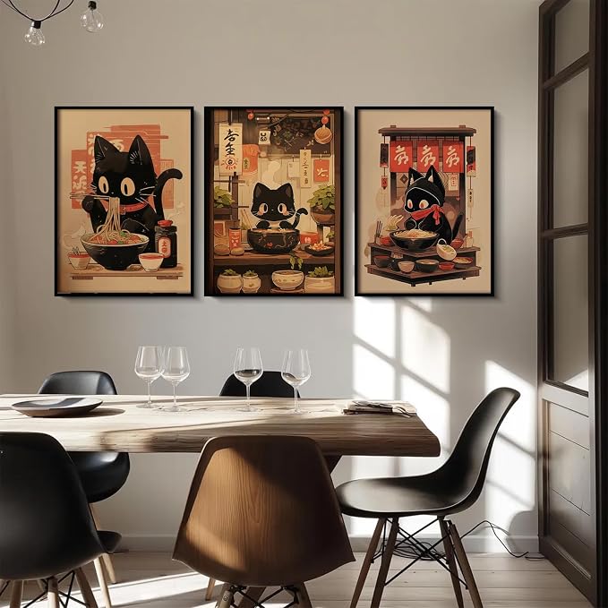 Pouydmi Japanese Cat Wall Art Black Cat Poster Eating Ramen Canvas Wall Decor - Image 5