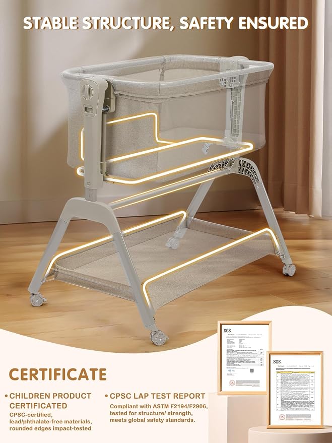 Ezebaby Baby Bassinet Bedside Crib, 3-in-1 Rocking Bassinets Bedside Sleeper - Image 3