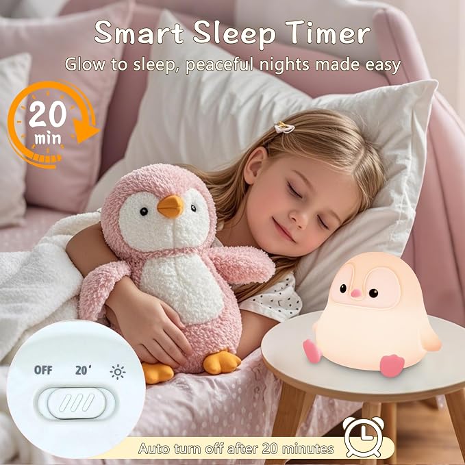 Penguin Night Light for Kids, Cute Pink Penguin Touch Lamp, Soft Silicone - Image 3