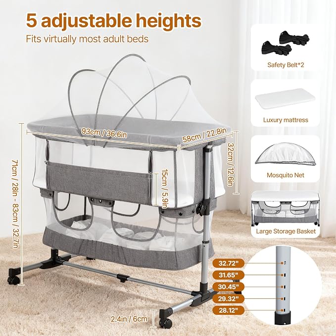 Bassinet Bedside Sleeper, 3-in-1 Baby Bedside Bassinet, 5 Height Adjustable - Image 5
