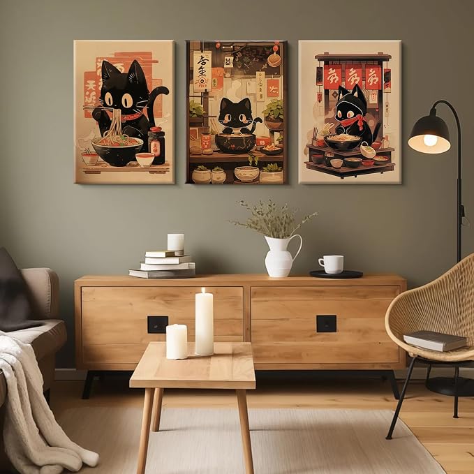 Pouydmi Japanese Cat Wall Art Black Cat Poster Eating Ramen Canvas Wall Decor - Image 3