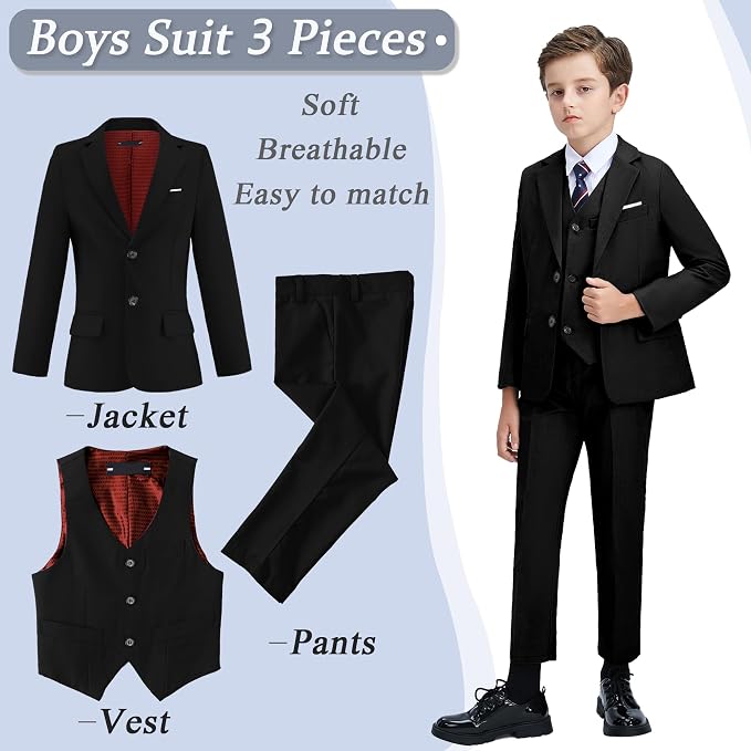 Boys' 3 Piece Suit Set with Suit Jacket, Formal Tuxedos Slim Fit Ring Bearer - Image 2