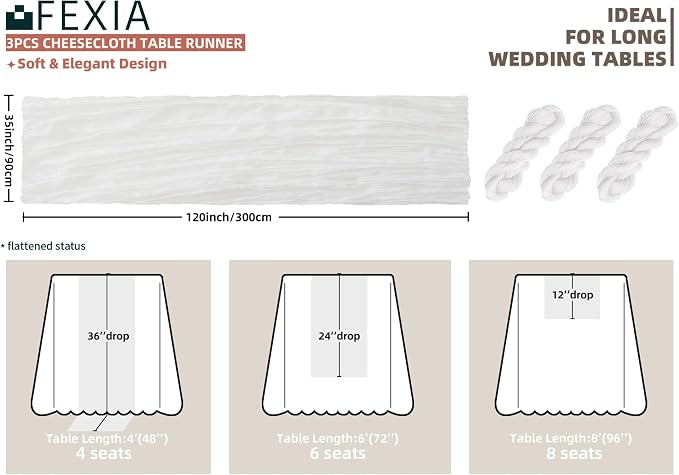 FEXIA 3 Pack White Cheesecloth Table Runner 35x120 Inches - Image 2