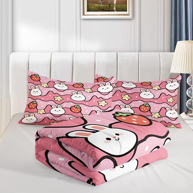 QOOMO Kawaii Rabbit Comforter, Strawberry Rabbit Comforter Set - Image 4