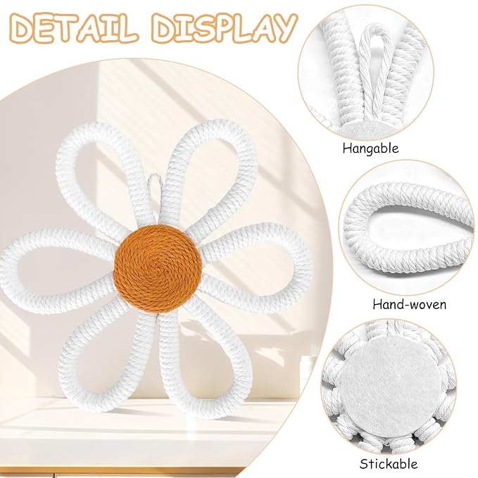 6 Pcs Boho Nursery Decor, Woven Macrame Daisy Flower Wall Hanging in 3 Sizes - Image 5