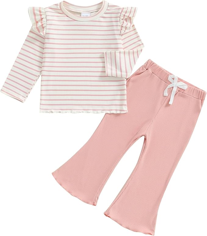 FOCUSNORM Toddler Baby Girl Outfits Ruffle Long Sleeve Striped Trim Tops + by FOCUSNORM