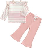 FOCUSNORM Toddler Baby Girl Outfits Ruffle Long Sleeve Striped Trim Tops + by FOCUSNORM