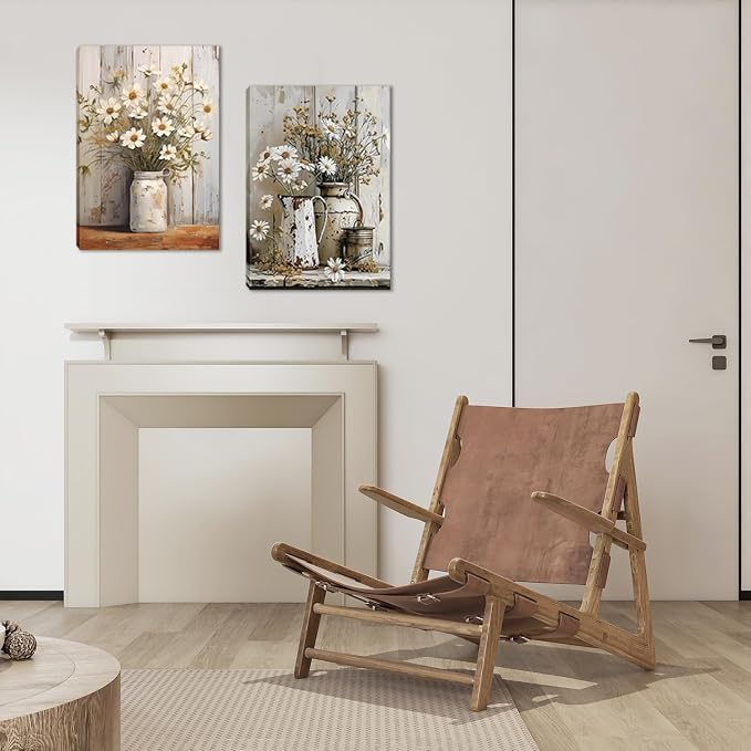 Daisy Bathroom Canvas Wall Art Set of 3, Vintage Rustic Farmhouse Wall Decor - Image 5