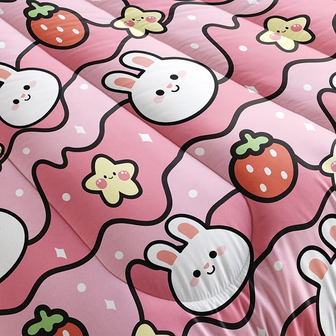 QOOMO Kawaii Rabbit Comforter, Strawberry Rabbit Comforter Set - Image 5