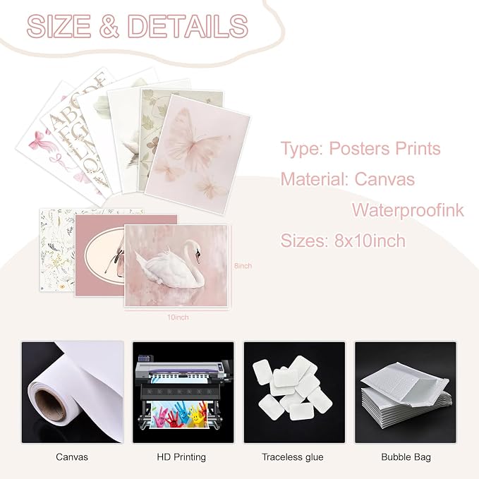 Pink Wall Decor Paintings Set Of 9, Cute Preppy Bow Swan Posters Prints Pictures - Image 4
