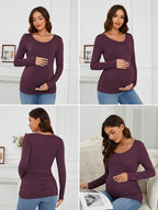 Ecavus Women's Maternity Shirts Long Sleeve Soft Stretchy Pregnancy Tops Side - Image 6