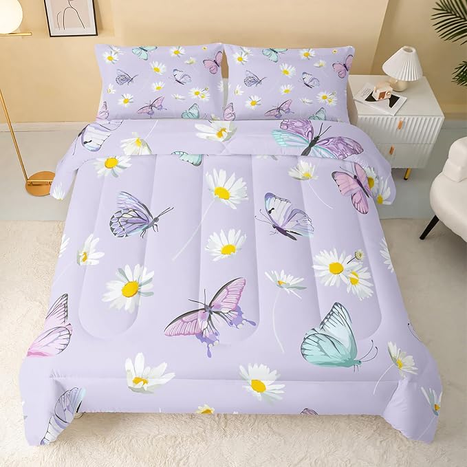 QOOMO Butterfly Comforter Set for Kids Teens Girls Women, Daisy Kids Bedding - Image 2