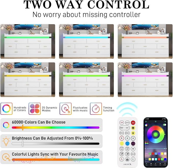 7 Drawer Dresser with LED Light and Charging Station, Wide Drawer Organizer - Image 5