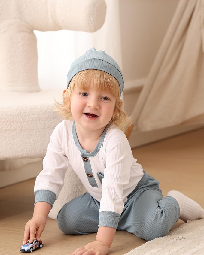 NZRVAWS Newborn Baby Boy Clothes Long Sleeve Romper Pant Set Hat 2-Pack Infant - Image 5
